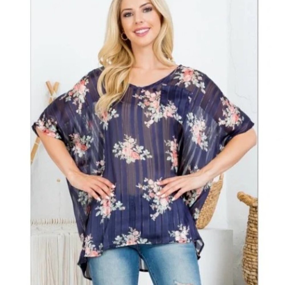 LOVELY J Women Medium‎ Boutique Boho Sheer Navy Floral Sheer Top NWT